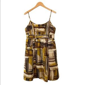 Halogen Yellow Browns Printed Silk Spaghetti Strap Pleated Pockets Dress